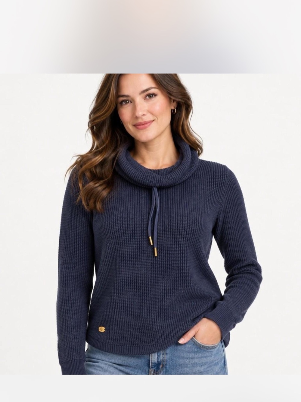 Lauren Ralph Lauren Navy Ribbed Cowl Neck Sweater with Drawstring 100% cotton